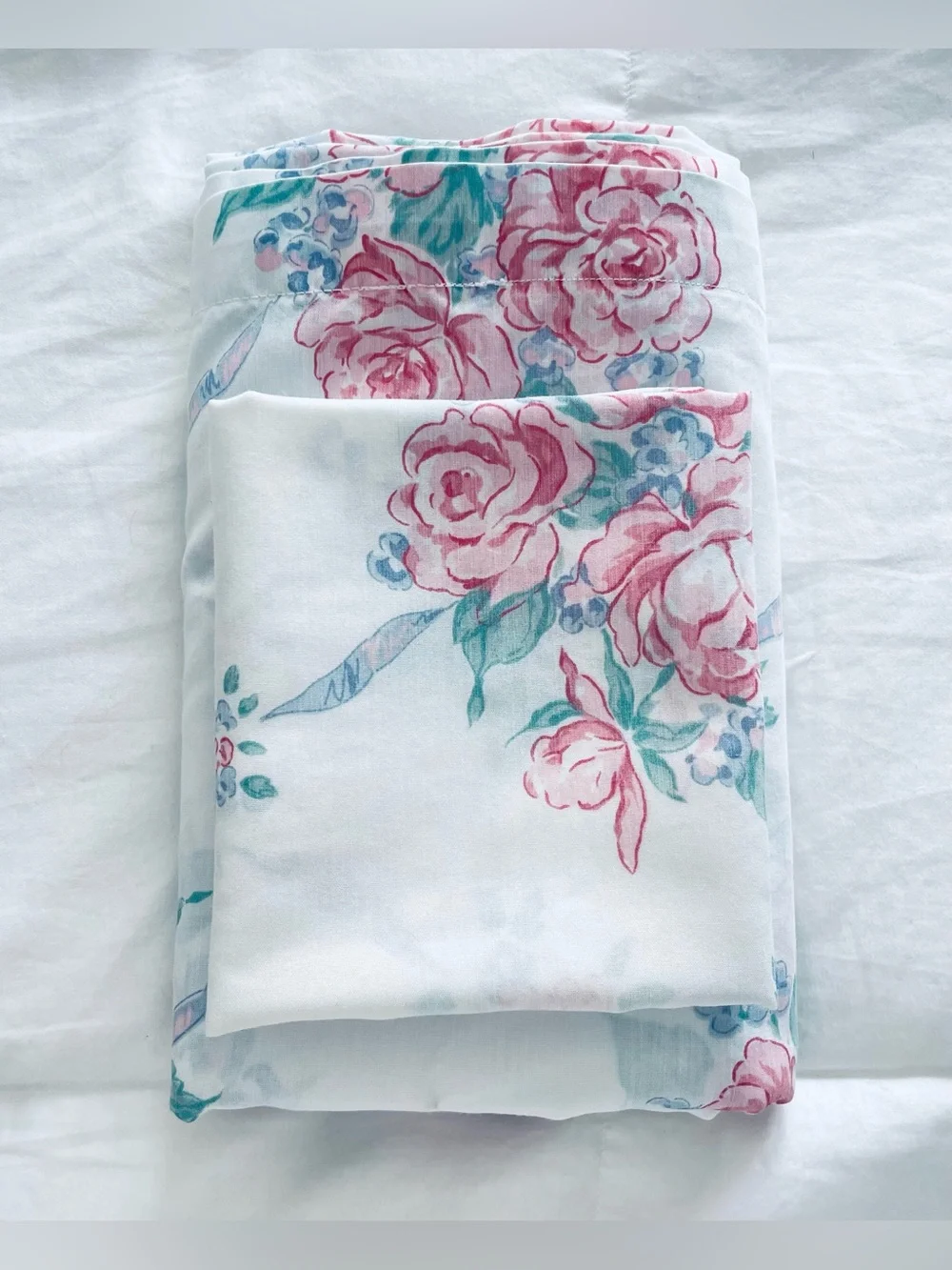 Vintage Pink Rose Ribbon Fitted Sheet w Pillowcase Cotton Blend Thomaston Queen